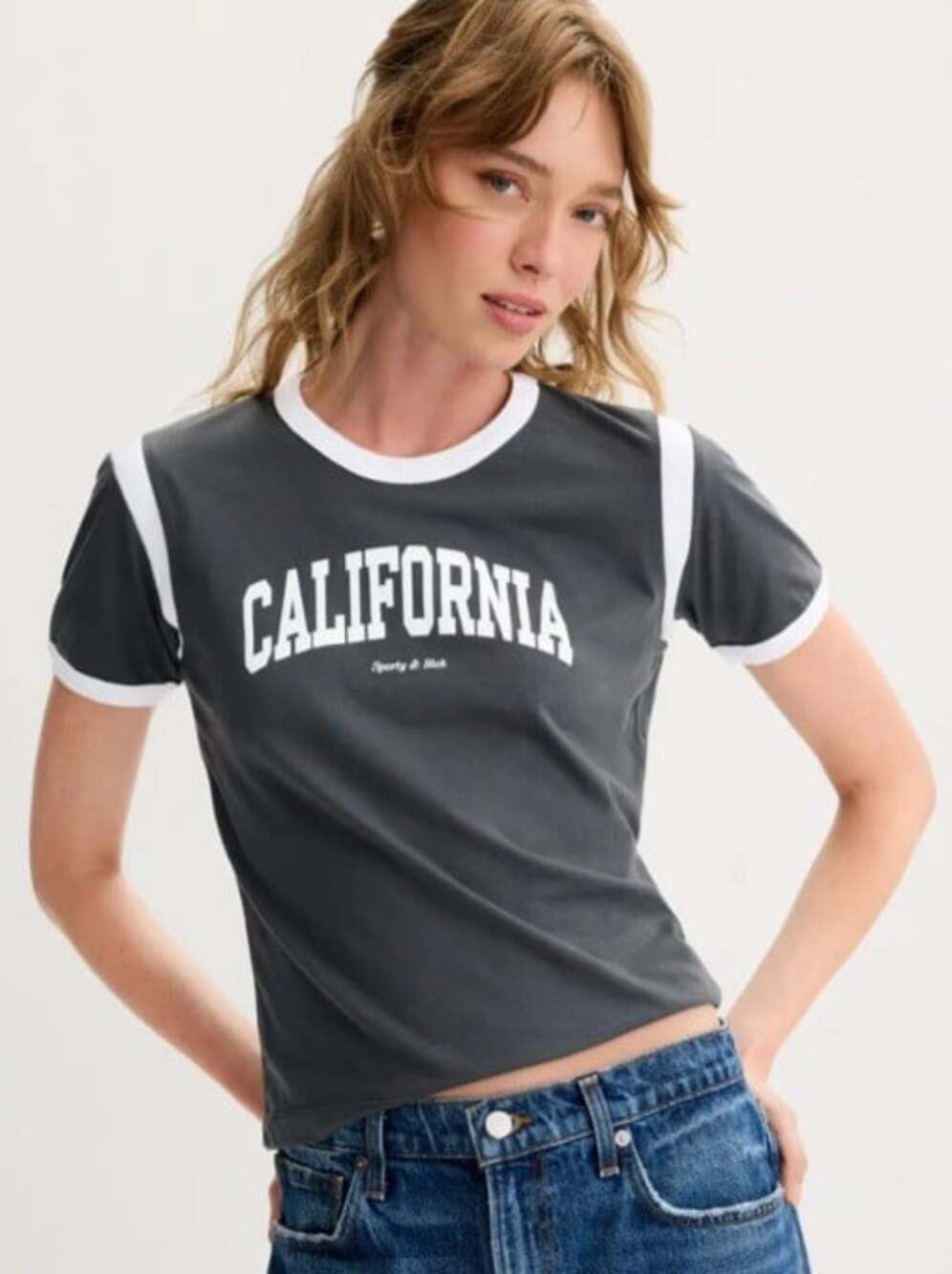 Sporty & Rich California Sports Tee T Shirt Sz S Faded Black Contrast Trim Crew